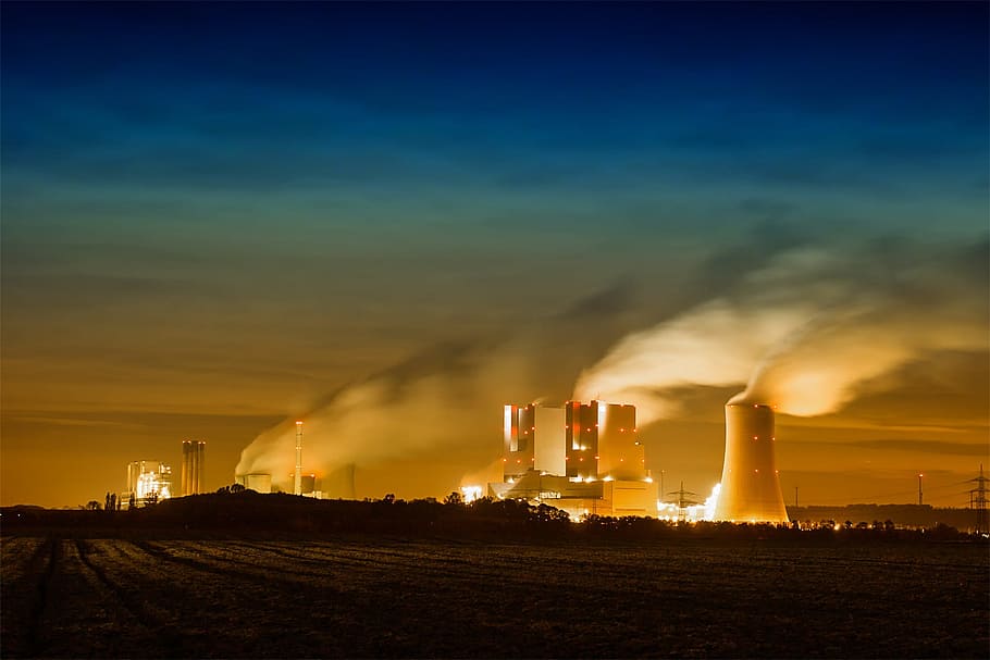 gray power plant under blue sky, factory, smoke, rwe, clouds, HD wallpaper