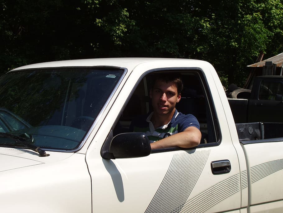 man in white regular cab, auto, driver, truck, vehicle, pickup HD wallpaper