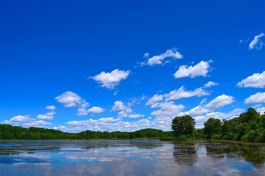HD wallpaper: lake, clouds, sky, blue, nature, landscape, sun, outdoor ...