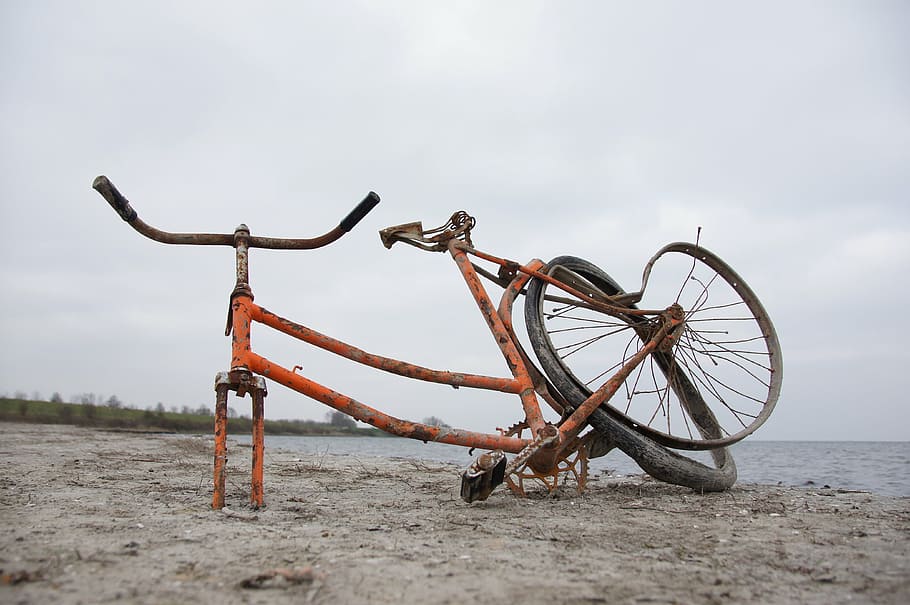 bike, beach, old, broken, water, sea, nature, sand, holiday HD wallpaper