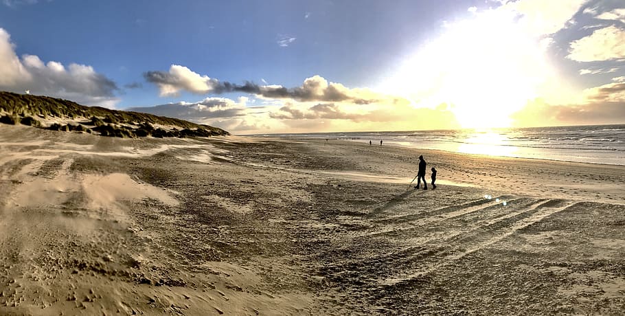 Photo of People Walking on Brown Sand, beach, boy, clouds, grass HD wallpaper