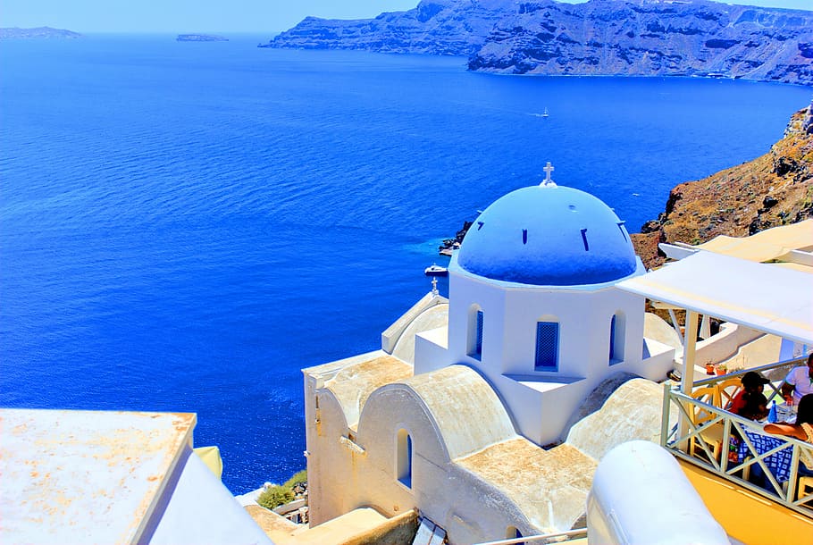 white and blue temple, greece, santorini, the sun, holidays, clouds, HD wallpaper