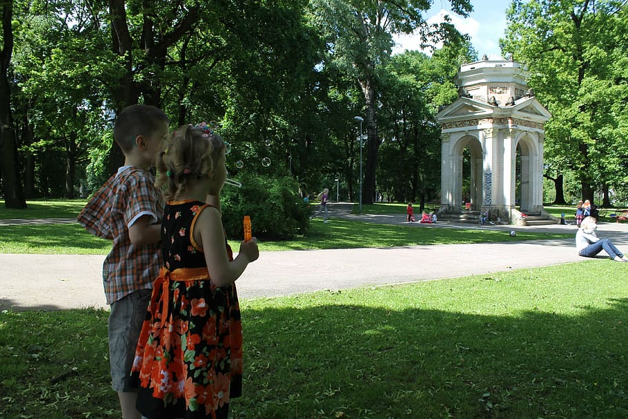kids, joy, riga, summer, two people, tree, togetherness, grass HD wallpaper
