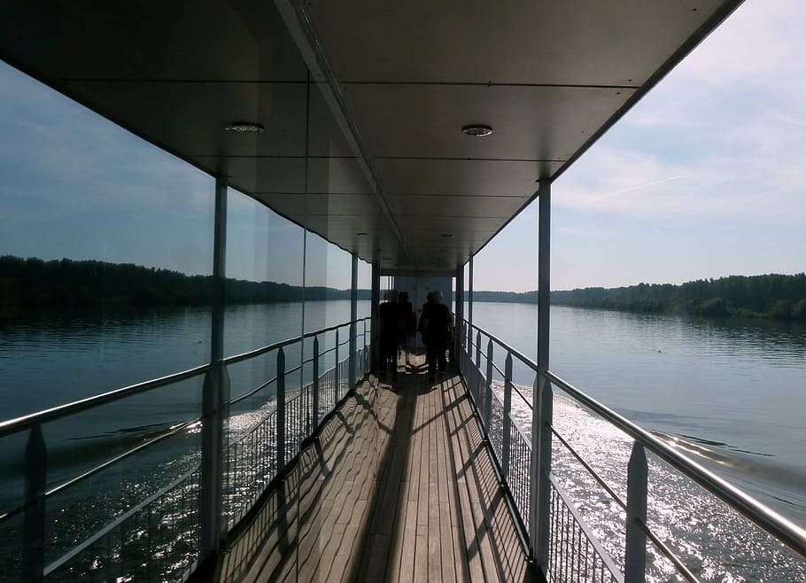 danube, mirroring, water, river, ship, two people, railing HD wallpaper