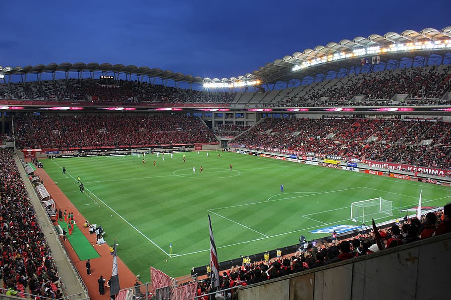 high angle photography of football stadium, field, venue, soccer, HD wallpaper