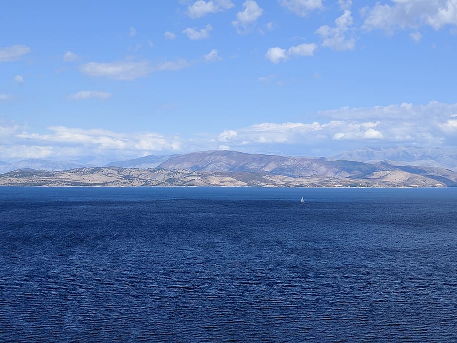 corfu, strait, sea, greece, water, sail, mountain, scenics - nature HD wallpaper