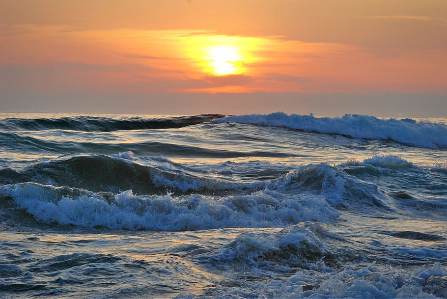 Ocean Water during Yellow Sunset, beach, clouds, dawn, dusk, evening, HD wallpaper