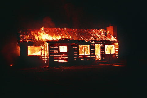 house burning during nighttime, fire, firefighters, flames HD wallpaper