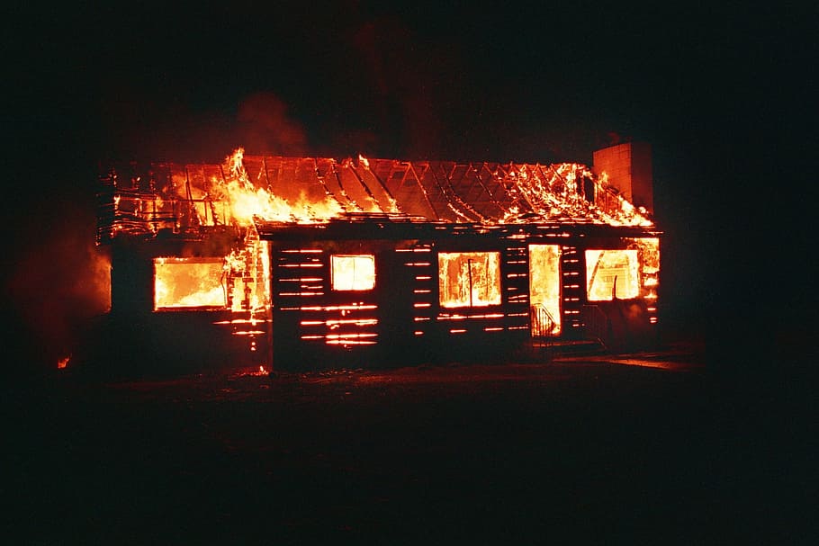 house burning during nighttime, fire, firefighters, flames HD wallpaper