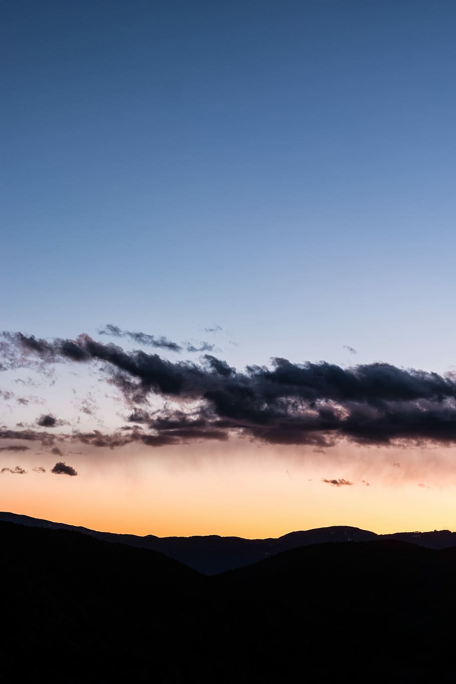 mountains during sunset, silhouette of mountains under cloudy sky during sunset HD wallpaper