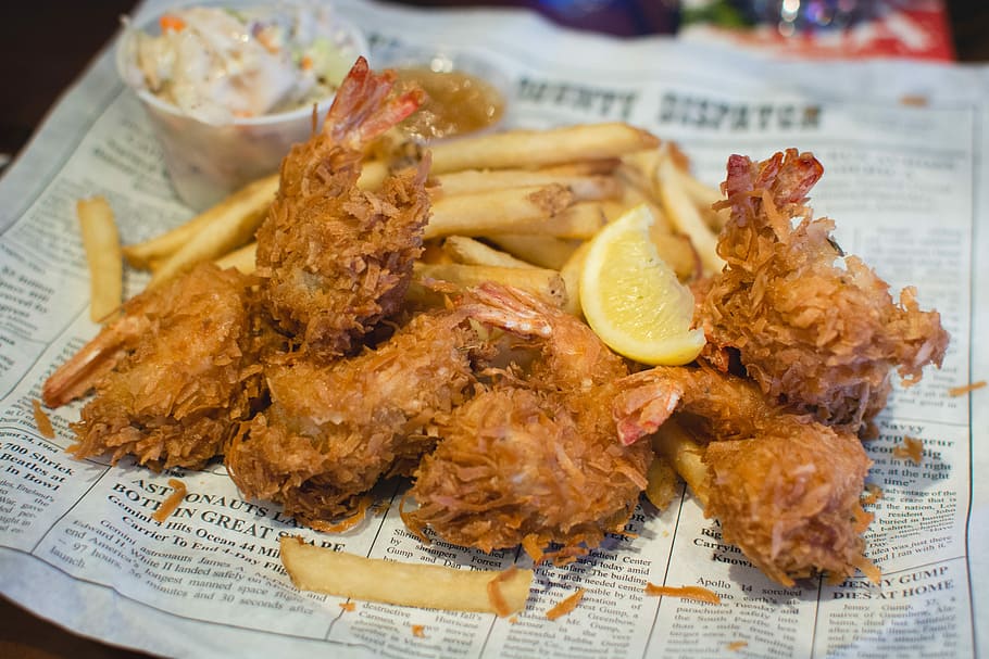 Shrimp dishes in Bubba Gump restaurant, eating out, fried, shrimps