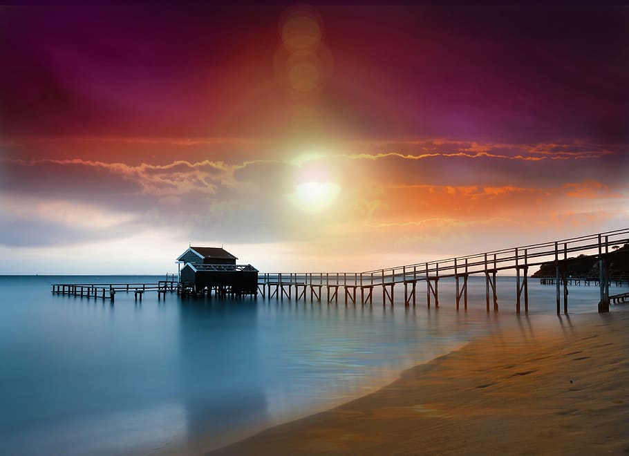 silhouette photography of bridge house near body of water, beech HD wallpaper