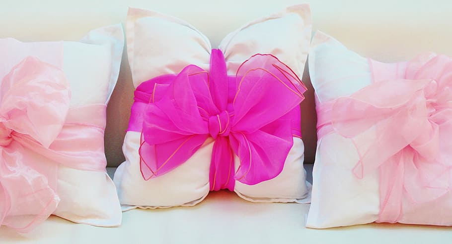 pink ribbon, pillow, sofa cushions, loop, white, decor, gift HD wallpaper