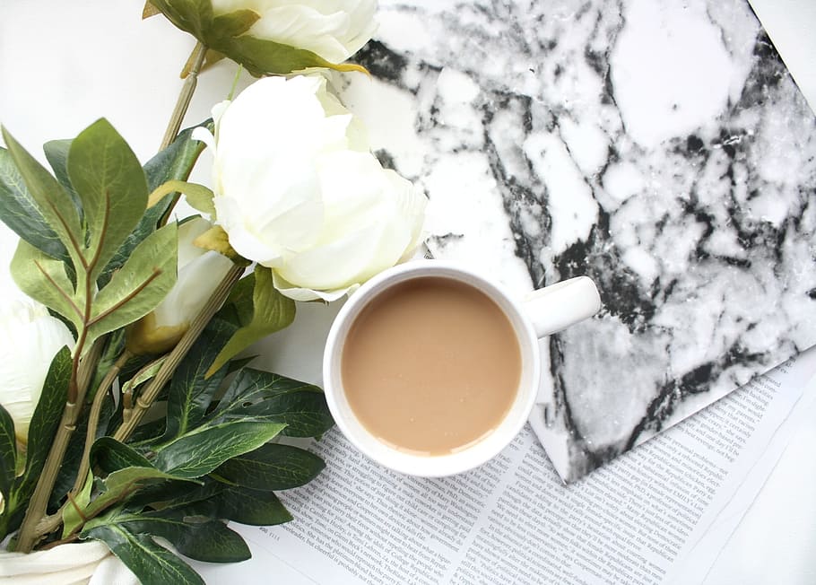 white peony flowers beside cup of coffee, table, food and drink HD wallpaper