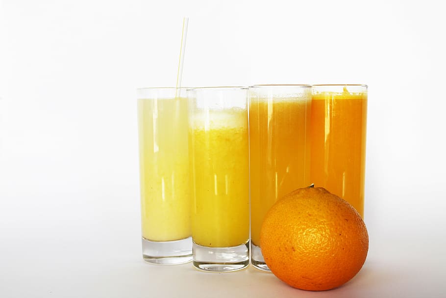 four clear drinking glasses, orange, juice, food and drink HD wallpaper