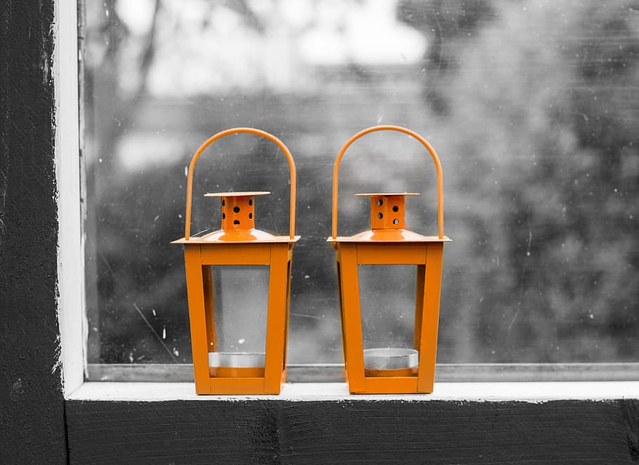 Lamps, Lanterns, Window, Black, White, orange, black white HD wallpaper