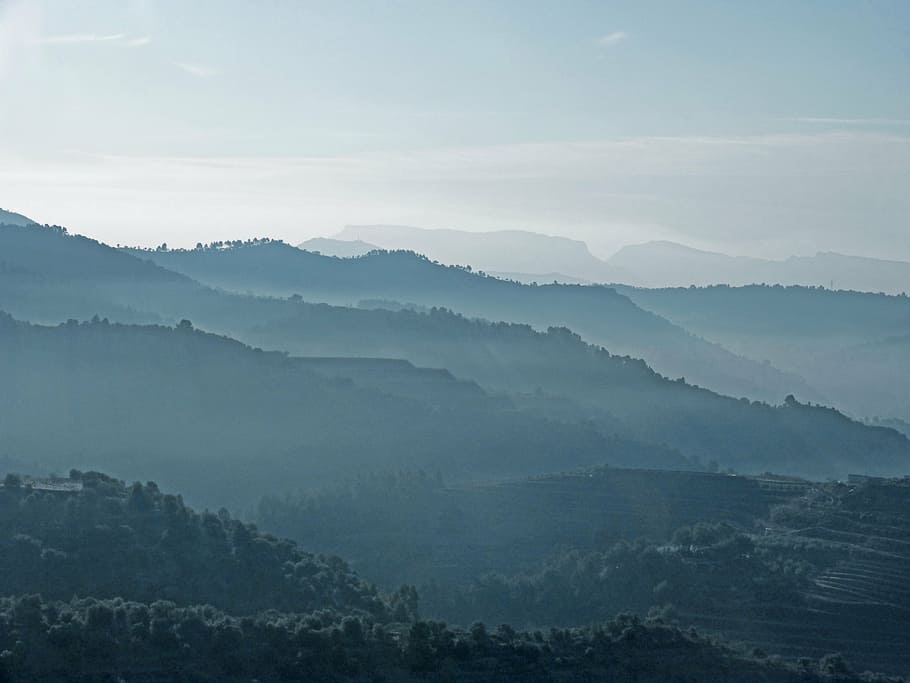 fog, mist, mountains, contrasts, landscape, blur, silhouette HD wallpaper