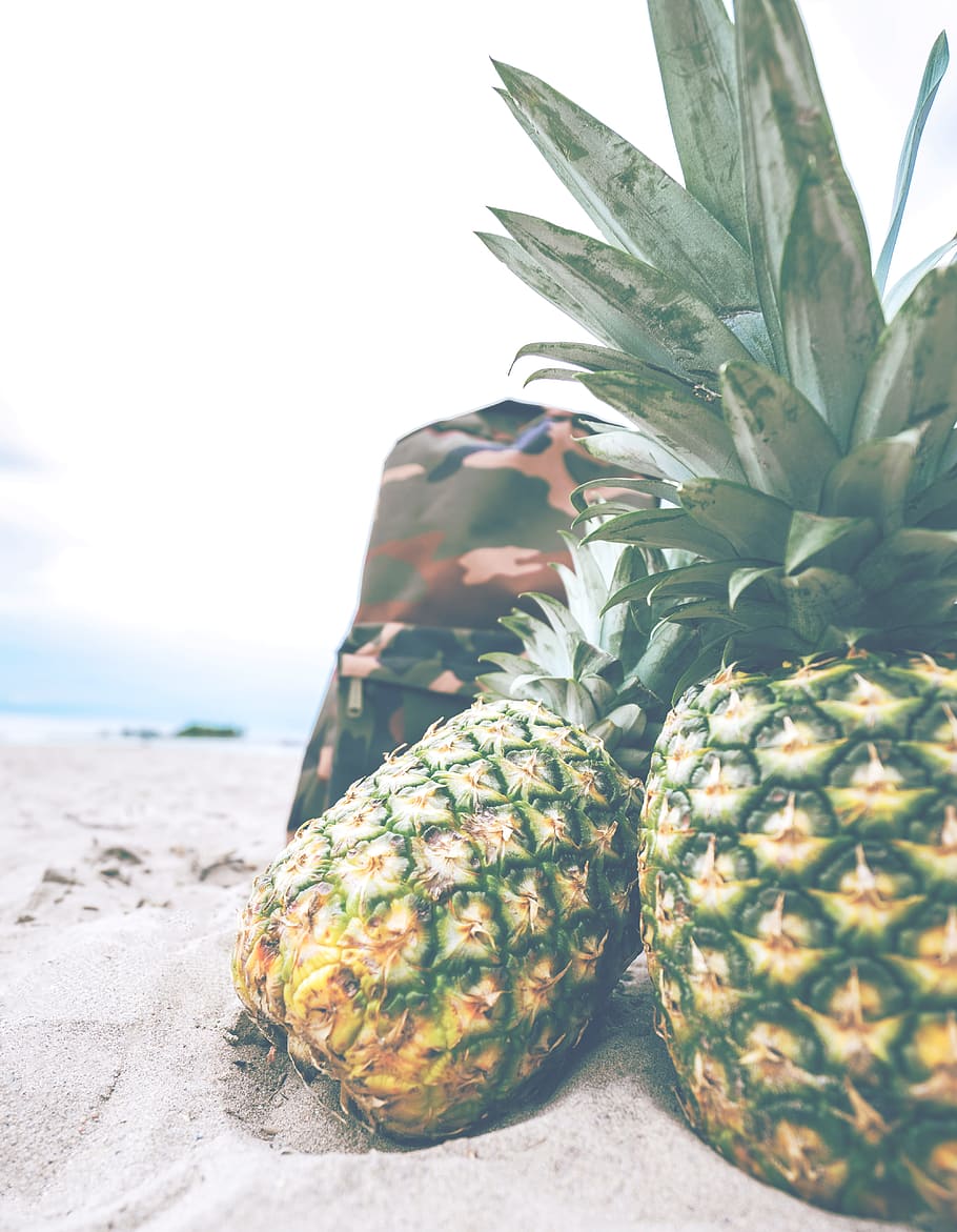 two pineapples on gray sand, two pineapples on sand during daytime HD wallpaper