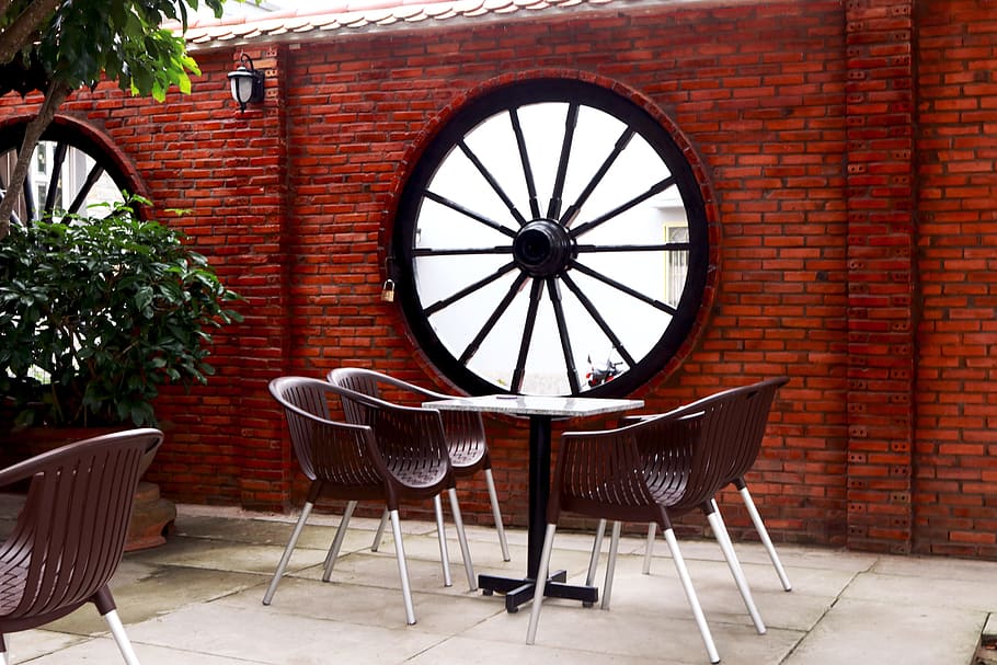 chair, table, wheel, round, tiles, wall, architecture, built structure HD wallpaper
