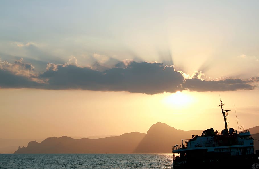 sunset, landscape, horizon, sky, water, sea, nautical vessel HD wallpaper