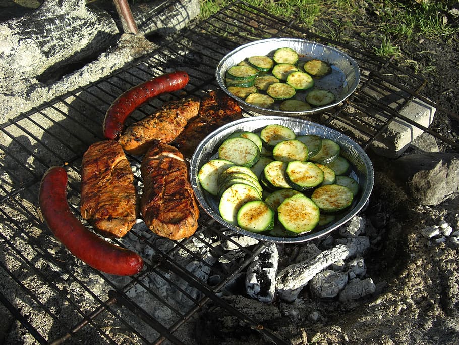 grilling, meat, fireplace, sausage, stainless, zucchini, from the tablegrill HD wallpaper