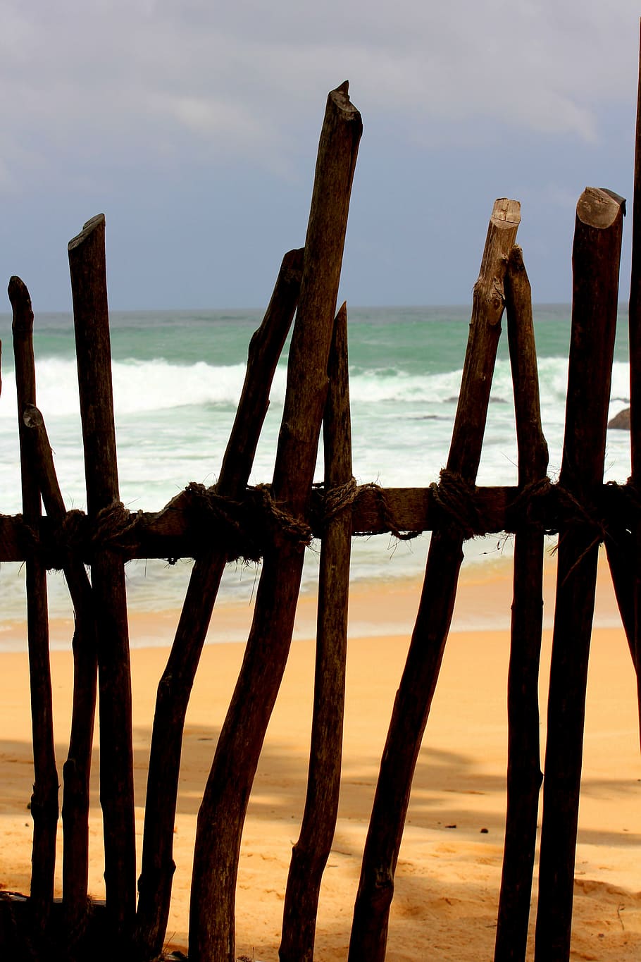 fence, beach, sand, blue, gold, sea, ocean, coast, landscape HD wallpaper