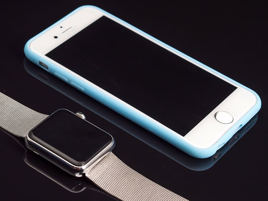 silver iPhone 6 and blue case beside Apple Watch with Milanese Loop, HD wallpaper