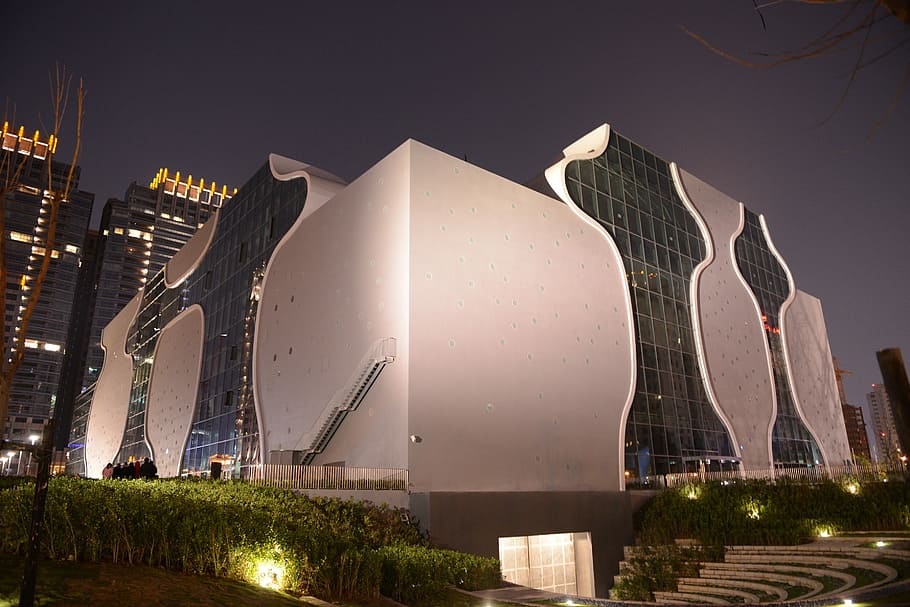 Taiwan, taichung metropolitan opera house, construction, night, HD wallpaper