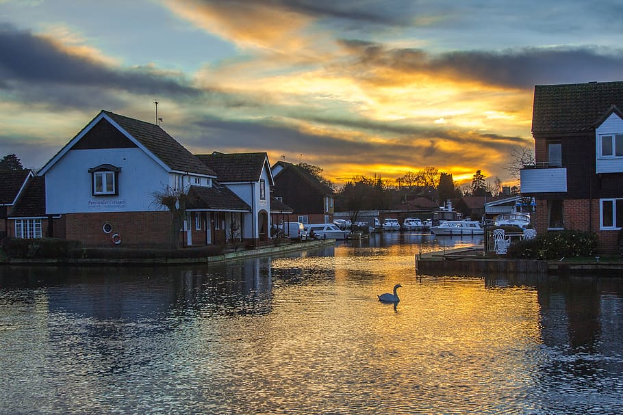 Wroxham, Sunset, England, River, in the evening, architecture HD wallpaper