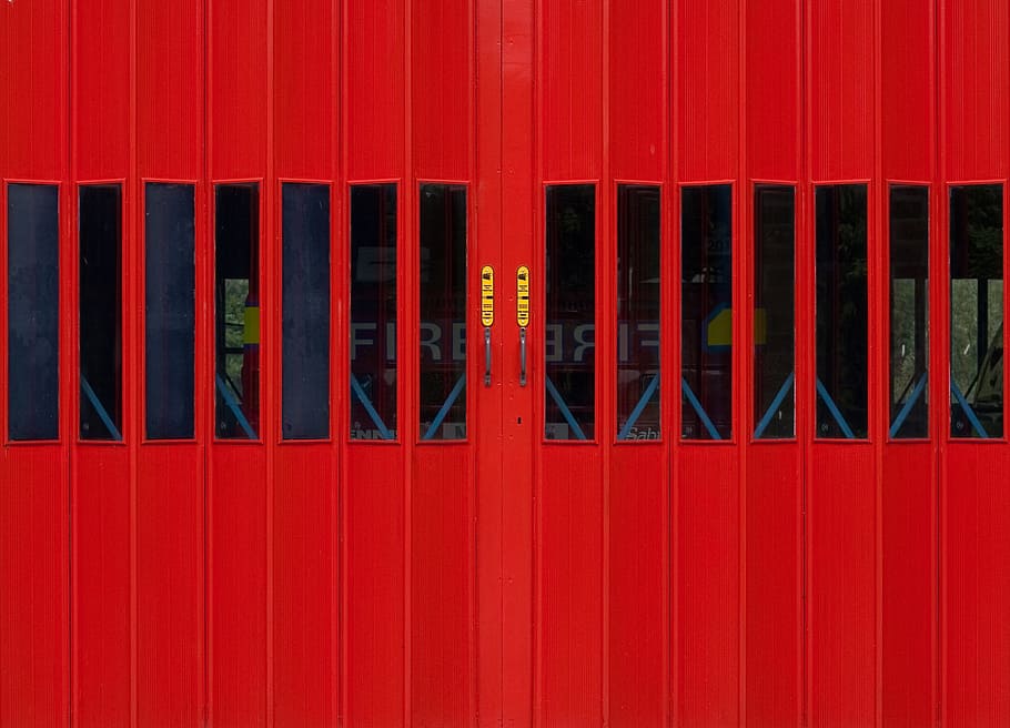 red metal gate, closed red gate, side-by-side, door, fire station HD wallpaper