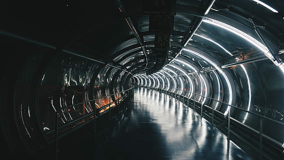 tunnel lighted up, interior, architecture, curve, railing, neon HD wallpaper