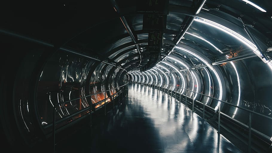 tunnel lighted up, interior, architecture, curve, railing, neon HD wallpaper