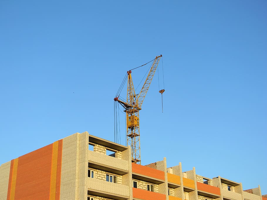 yellow steel crane on top of building, Construction, Crane, Hoisting, HD wallpaper
