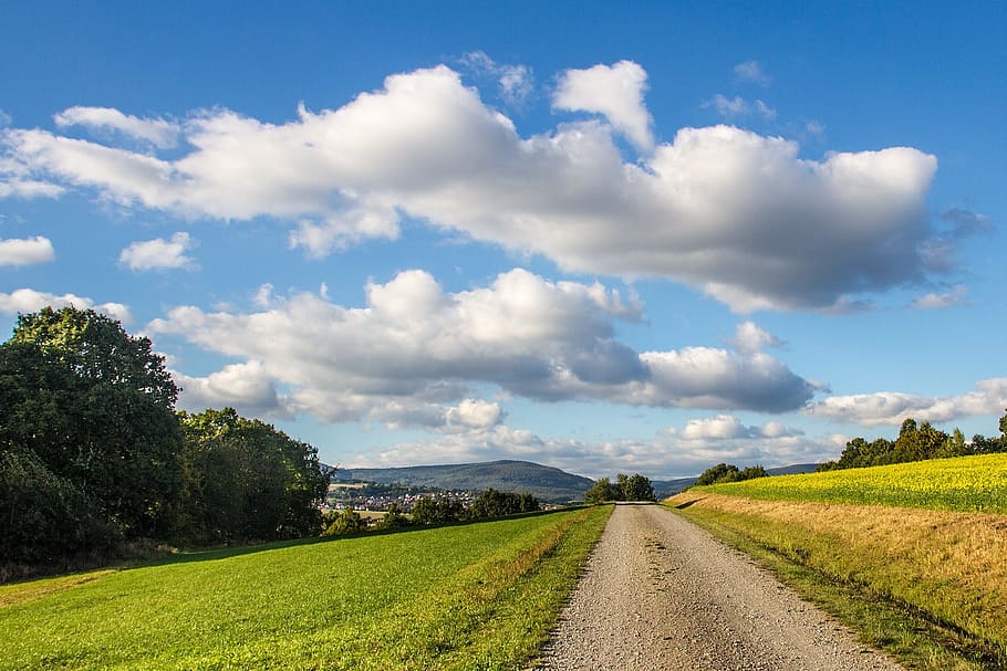 Clouds, Meadow, Landscape, lane, autumn, field, sky, nature HD wallpaper