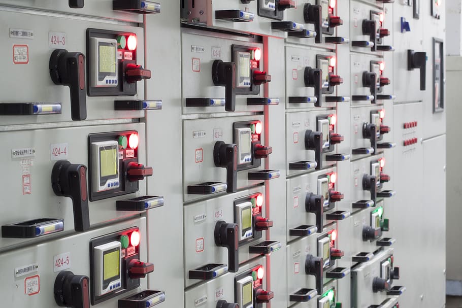 distribution room, power meter, switch cabinet, in a row, full frame HD wallpaper