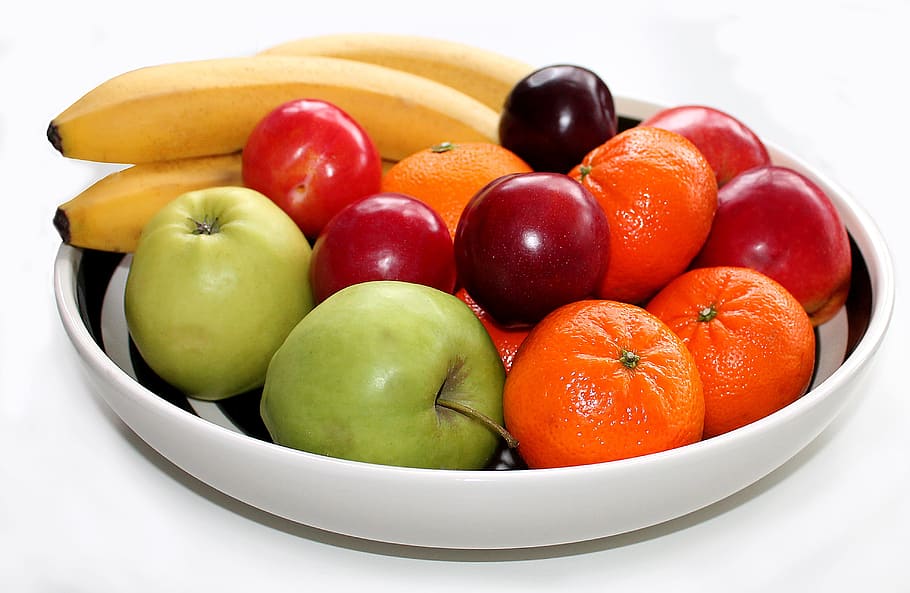assorted fruit lot on white ceramic bowl, apple, orange, banana, HD wallpaper