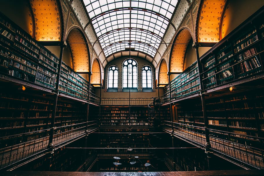 photo of library hall, books on shelves in library, architecture HD wallpaper