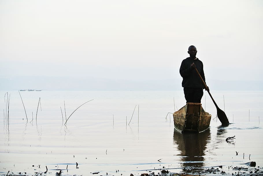 man riding brown canoe, man standing on row boat paddling near shore during daytime, HD wallpaper