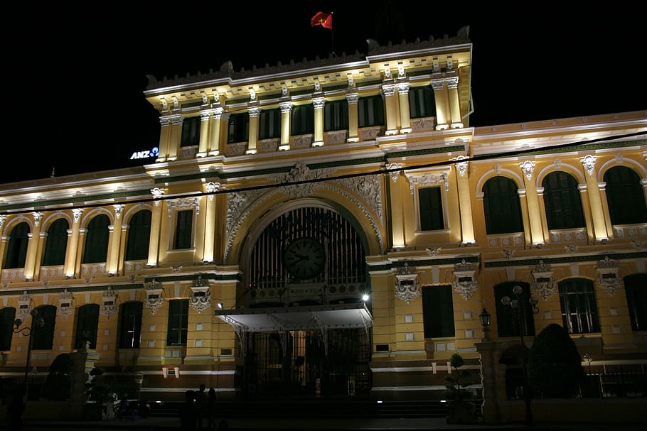 Main Post Office, Saigon, Vietnam, night, architecture, building exterior
