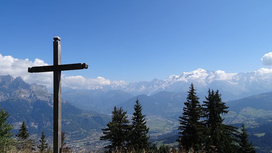 mountain, alps, cross, panorama, weather, landscape, nature, HD wallpaper