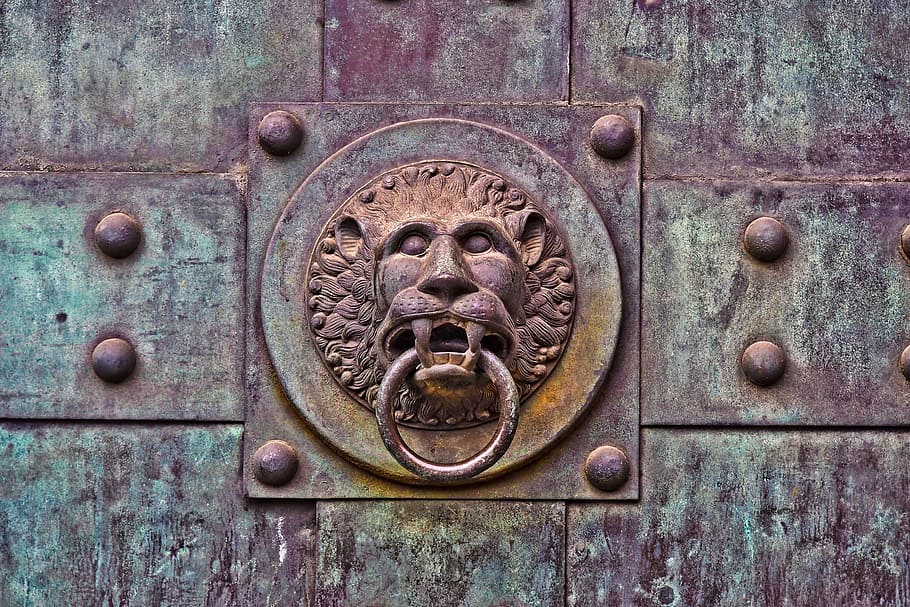 brass-colored lion door knocker, goal, portal, input, gate, historically