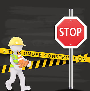 man holding orange traffic cone sticker, under construction HD wallpaper