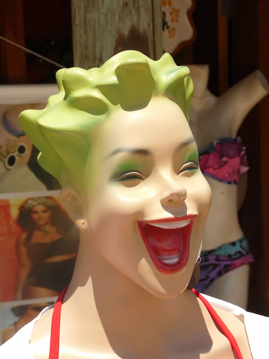 laugh, mannequin, face, red crown, shop, summer, representation HD wallpaper