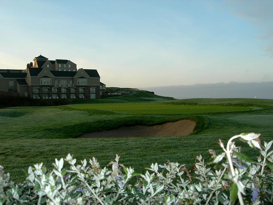 golf, half moon bay ca, scenic, sky, architecture, plant, building exterior, HD wallpaper