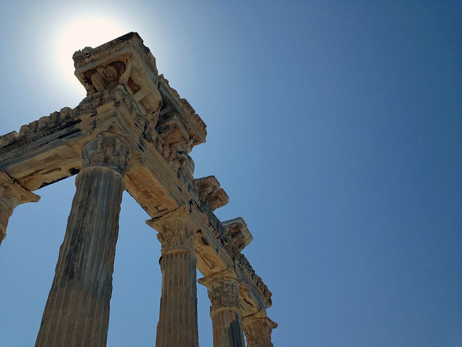 temple, romans, columns, apollo temple, air, blue, sunlight, HD wallpaper
