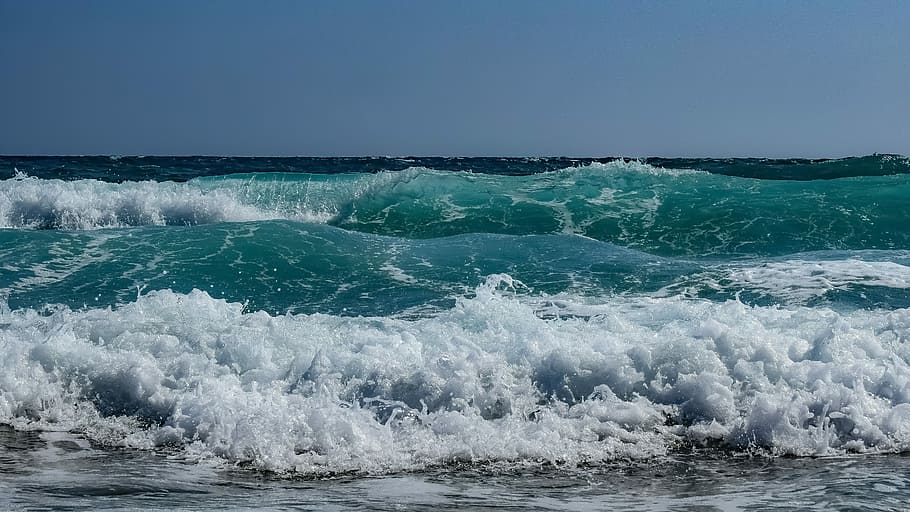 sea waves, spray, foam, sky, weather, nature, horizon, stormy HD wallpaper