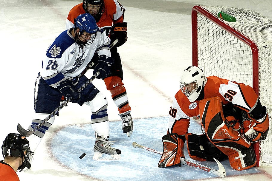 four person playing hockey, Ice Hockey, Goalie, Sport, Team, helmet, HD wallpaper