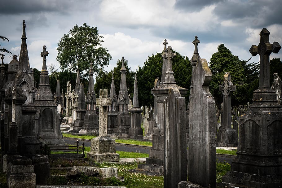 gray concrete cemetery under black sky, glasnevin, dublin, ireland, HD wallpaper