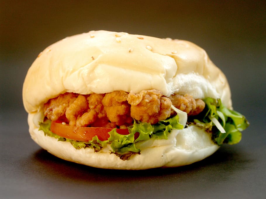 bread, food, sandwich, meal, background, big, bun, burger, chicken, HD wallpaper