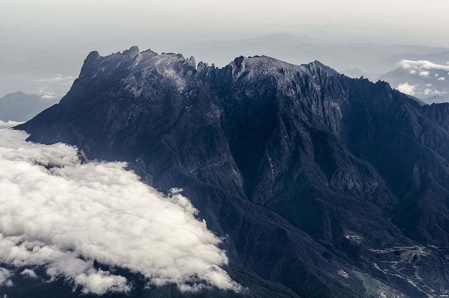 black and gray mountain with clouds, bird's eye photography of mountain HD wallpaper